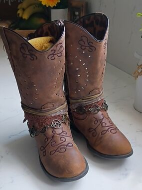 Rodeo Ropers Brown Embroidered Western Boots with Coin & Lace Accents